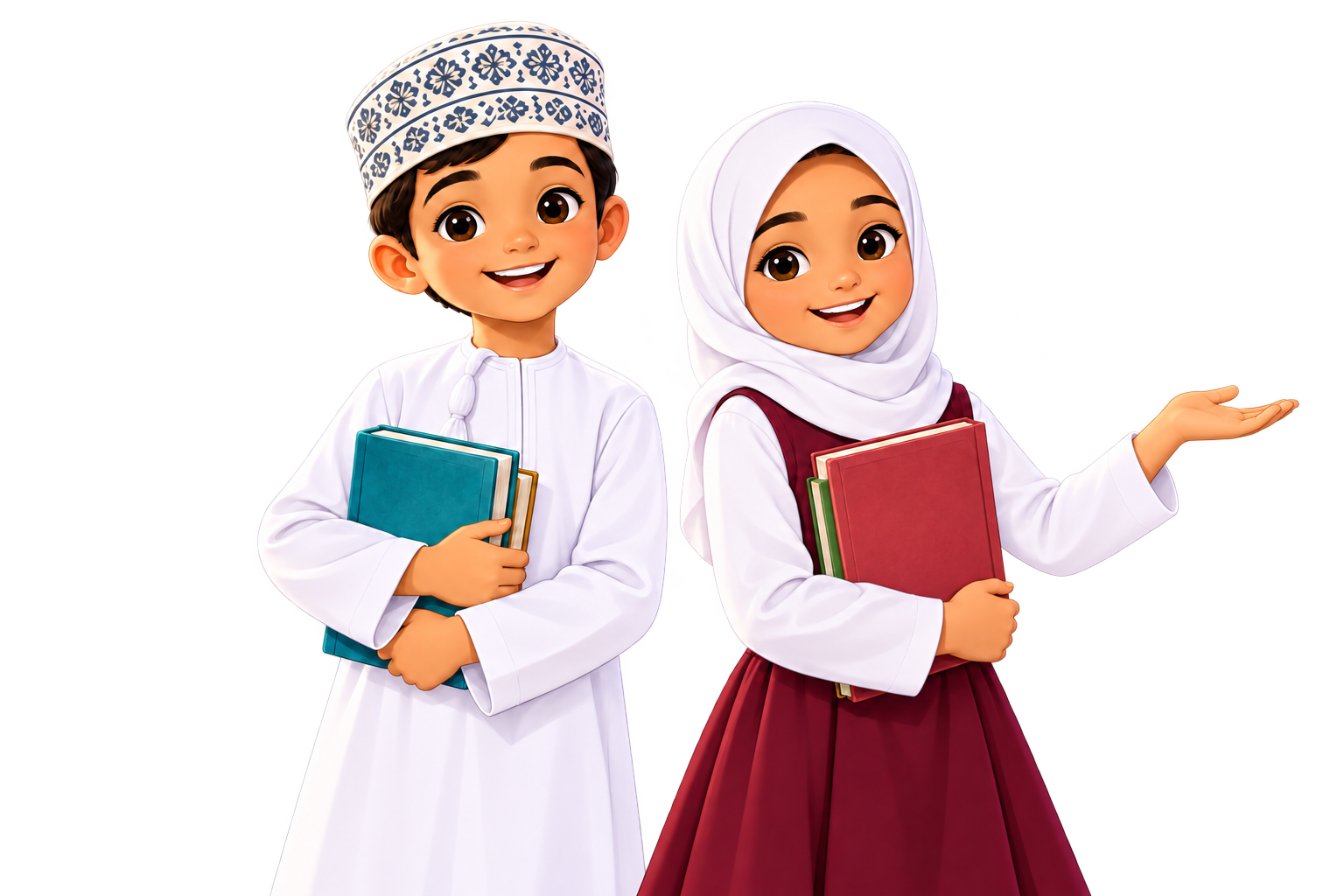 طالب عُماني وطالبة عُمانية تحمل الكتب أمام خريطة سلطنة عُمان